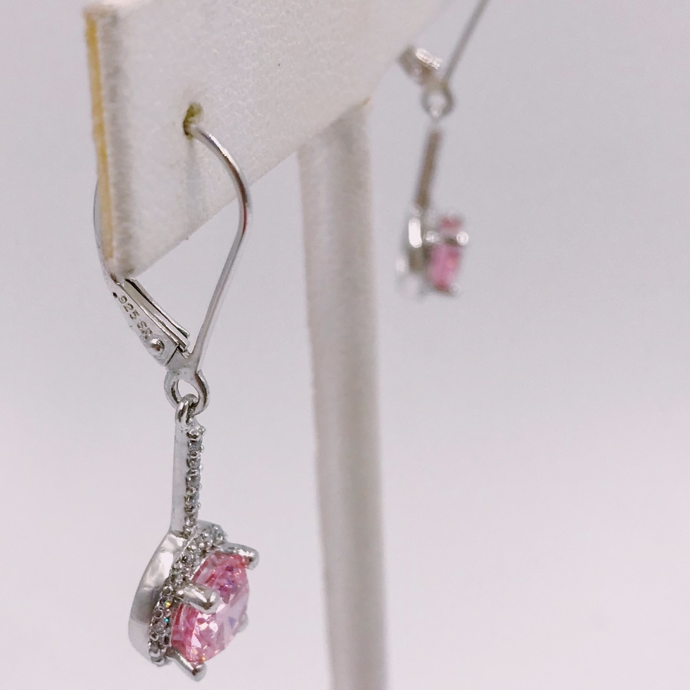 Pink CZ + White CZ Sterling Silver Drop Earrings - Picture 3 of 5